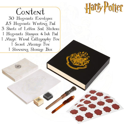 Harry Potter Calligraphy Set with Notepad Wand Pen Magic Invisible Ink Pen Envelopes Paper Cool Stickers Ink Stamp Fun Hogwarts Stationary Gift for Kids