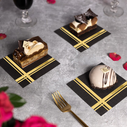 Fanxyware Gold on Black Cocktail Napkins - 100 Pack, 5" x 5", 3-Ply Paper - Style Name: Blissful Crossing