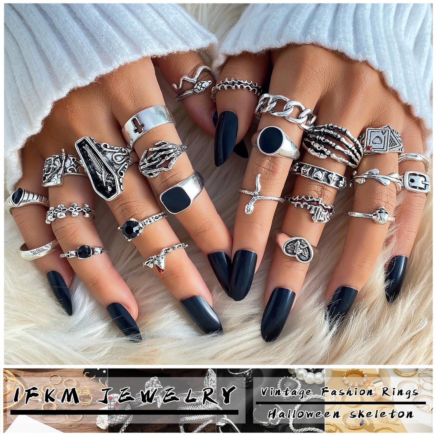 IFKM 25PCS Vintage Silver Knuckle Rings Set for Women, Stackable Joint Finger Statement Rings Bohemian Retro Hollow Carved Midi, Boho Halloween Skeleton Skull Snake Heart Chunky Stacking Pack (Halloween Skull)