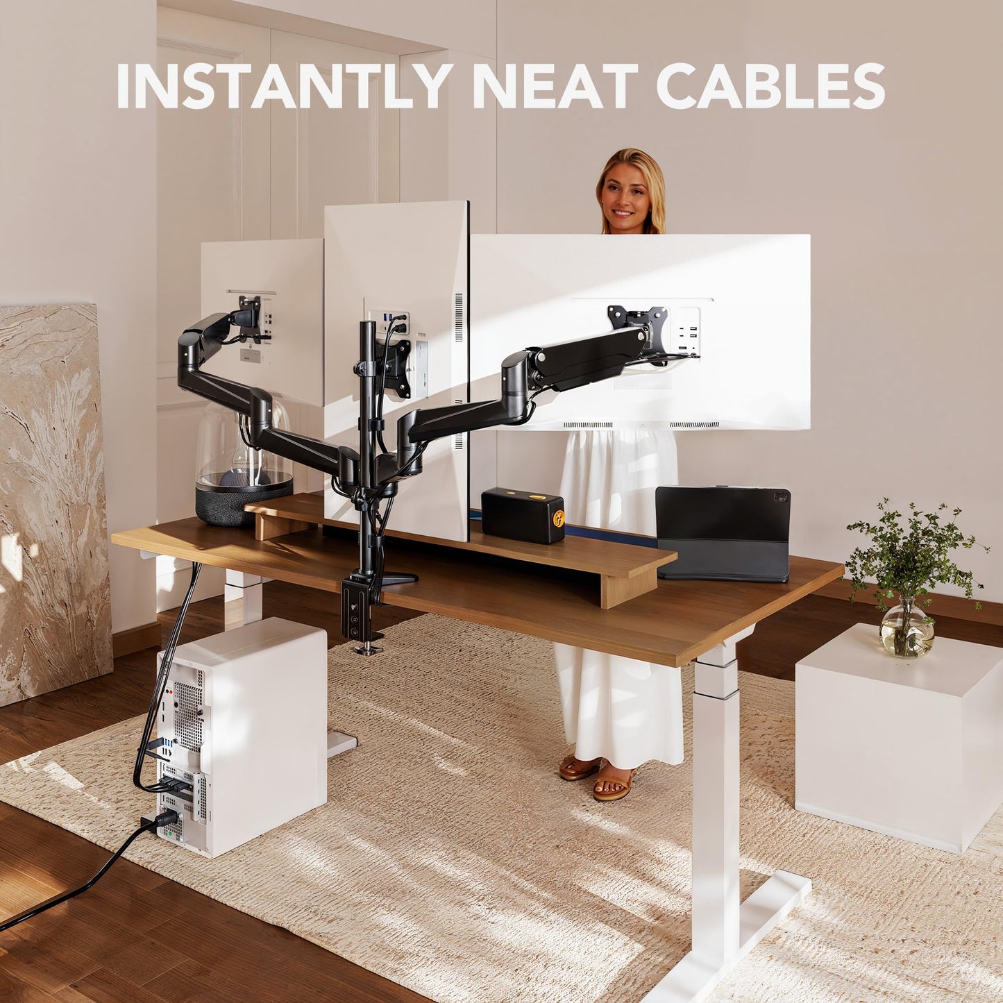 HUANUO Triple Monitor Mount for 17 to 32 inch Screens, Gas Springs Adjustment Triple Monitor Stand with Swivel, Tilt, Rotation, Clamp & Grommet Kit (Black)