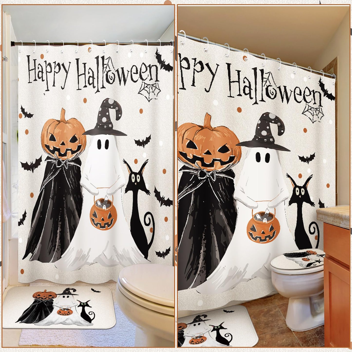 4 Pcs Halloween Ghost Shower Curtain Set 72" Halloween Bathroom Decor Set with 12 Hooks Non Slip Rug Toilet Lid Cover and Bath Waterproof Mat Restroom Shower Accessories Haunted Spooky House Decor
