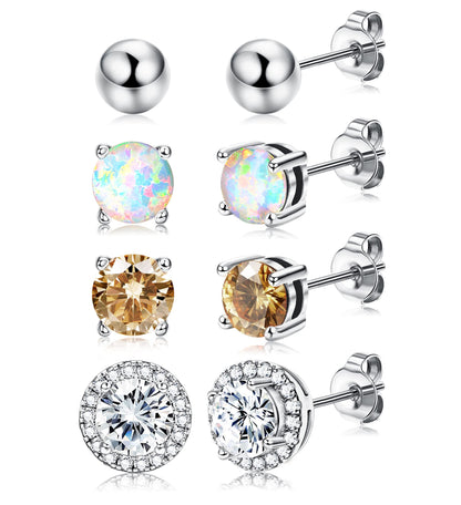 Dochais 4 Pairs Cubic Zirconia Stud Earrings Set 18K Gold Plated Hypoallergenic 4 Prong CZ Earrings for Women Girls Round Opal Ball Stud Tragus Cartilage Ear Jewelry