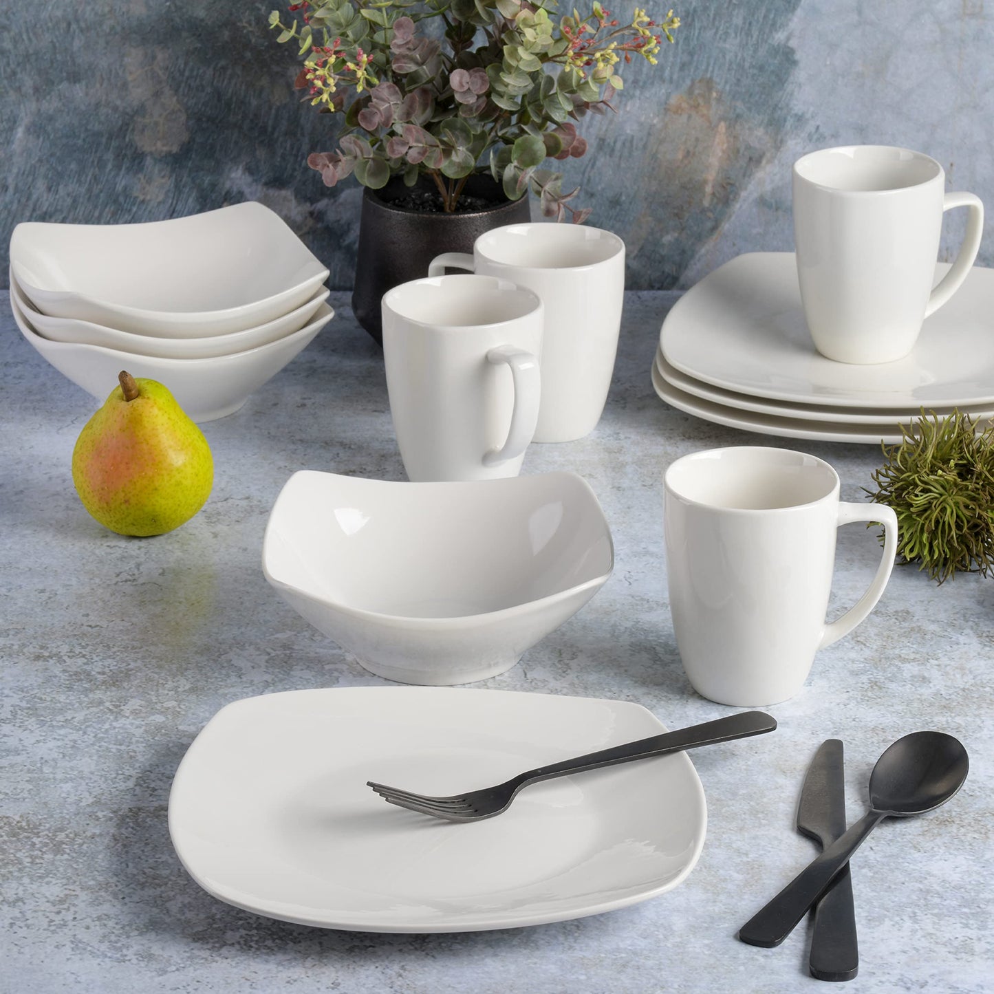 Gibson Home Amelia Court Porcelain Chip and Scratch Resistant Dinnerware set, Service for 4 (12pcs), White (Soft Square)