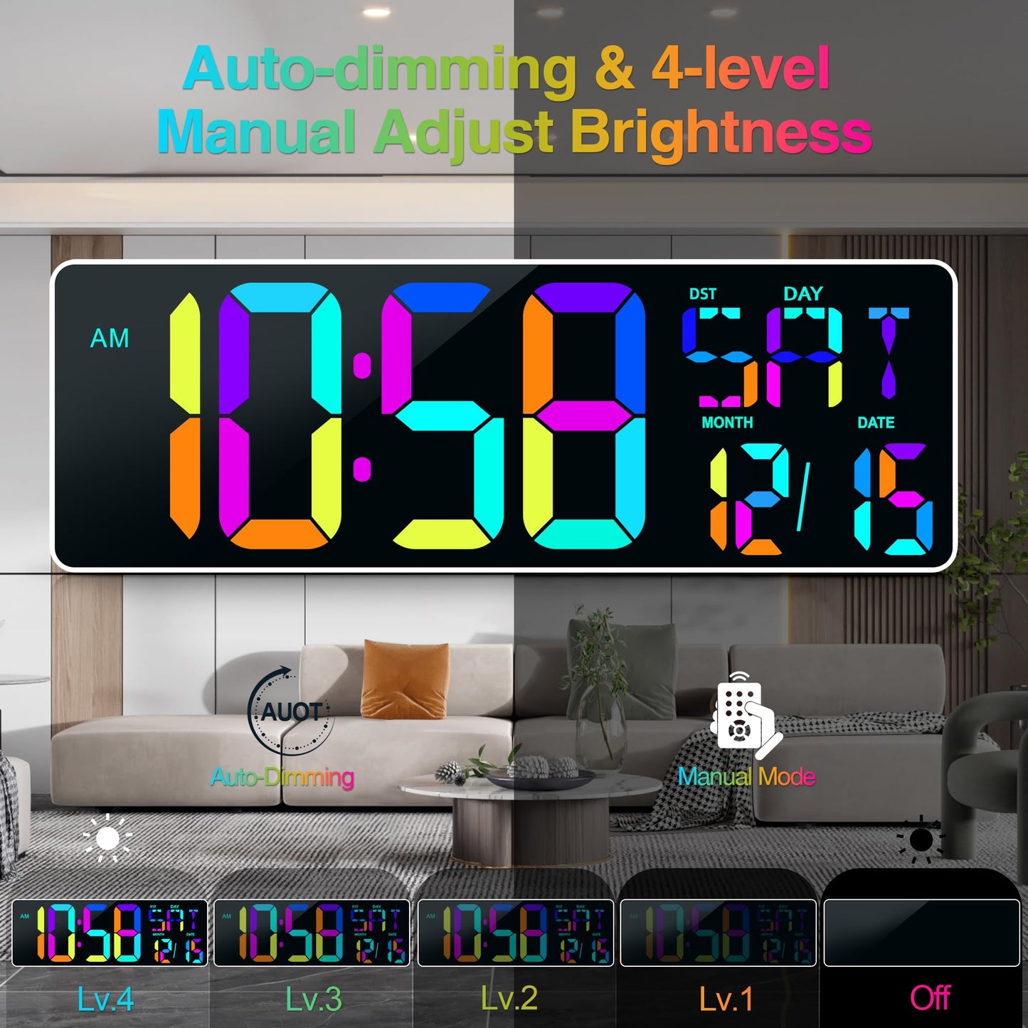 Large Digital Wall Clock Large Display 17.2" Big Digital Timer with 9 Groups Timer Remote Control for Gym Classroom 10 Colors Available for LED Wall Clock with Temperature Date Week DST Dynamic RGB