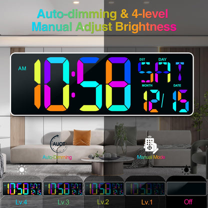 Large Digital Wall Clock Large Display 17.2" Big Digital Timer with 9 Groups Timer Remote Control for Gym Classroom 10 Colors Available for LED Wall Clock with Temperature Date Week DST Dynamic RGB