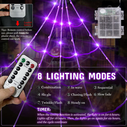 20*17FT Halloween Spider Web 150 Led Purple Lights Light Up Lighted Triangular Giant Battery Operated Waterproof with 200sqft Cobweb and 20 Small Spiders for Indoor and Outdoor Decor Yard Decoration