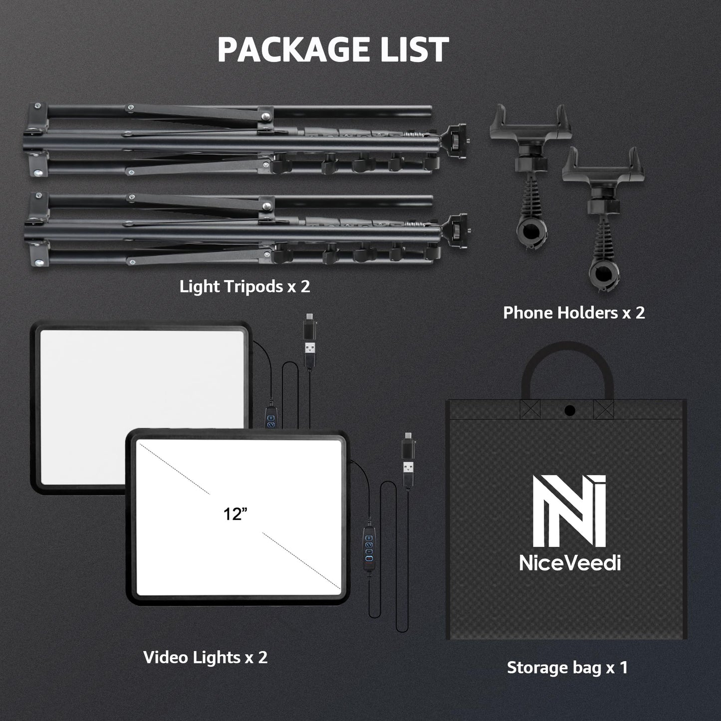 2-Pack LED Video Light Kit, NiceVeedi Studio Light, 2800-6500K Dimmable Photography Lighting Kit with Tripod Stand&Phone Holder, 73" Stream Light for Video Recording, Game Streaming, YouTube