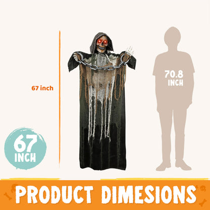 JOYIN 67" Halloween Decorations Outdoor Life Size Animatronics Grim Reaper with Chain, Sound-Actived Party Decor with Creepy Sound, Scary Haunted House Props for Garden Yard Lawn