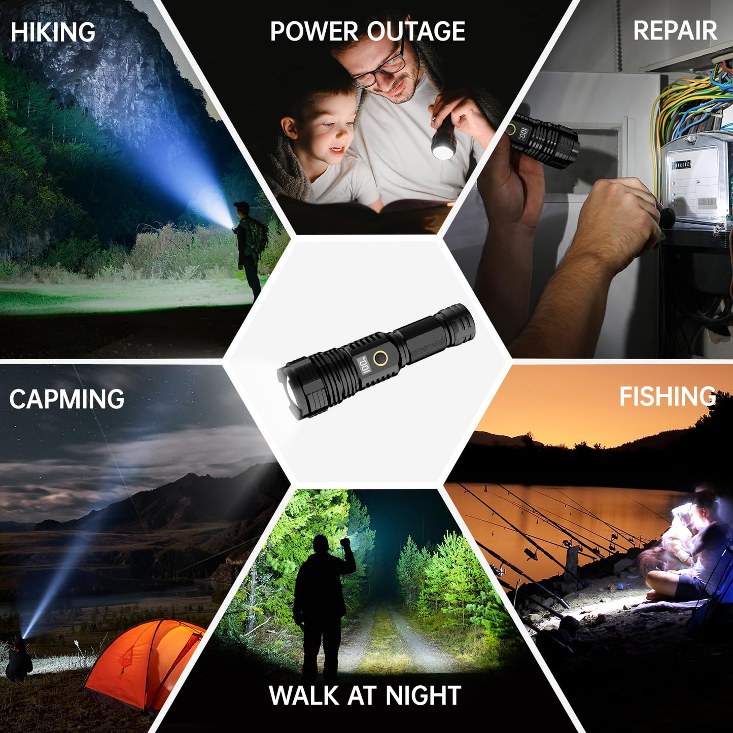 Flashlights High Lumens Rechargeable, LED Super Bright Flash Light Long Beam, Zoomable Linternas with LCD Digital Display, 5 Mode, Waterproof, Powerful Tactical Flashlight for Emergencies Camping Gift