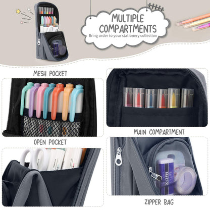 Housolution Standing Pencil Case Large Capacity Pen Bag, Multi-Layer Pen Pouch Pencil Holder Stationery Organizer, Polyester Pencil Bag Storage Box Desk Organizer, Gray