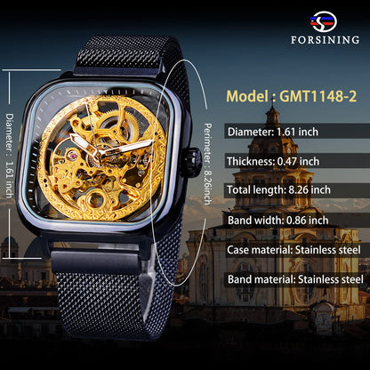 FORSINING Square Automatic Watches Mechanical Wrist Watch Black for Mens Skeleton Watches with Stainless Steel Transparent Dial with Royal Flower Movement Carving