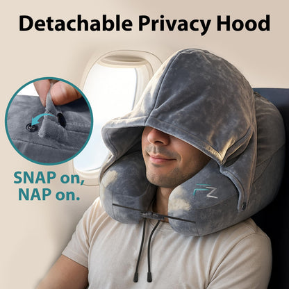 FLOWZOOM Air Inflatable Neck Pillow for Traveling on Plane - H-Shape Hooded Travel Pillow with 5 Snooze Modes, Fast Inflation, Pressure Control, Cozy Clip-On Hood & Plushy Cover - Size L, Silver Gray
