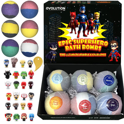 EvolutionUSA Black Epic Superhero Bath Bombs for Kids, 6 Super Hero Bath Bombs with Toy Inside, Lush Childrens Bathbombs, Organic Bathbomb with Surprise Inside, Fizzy Fun Superhero Bath Balls