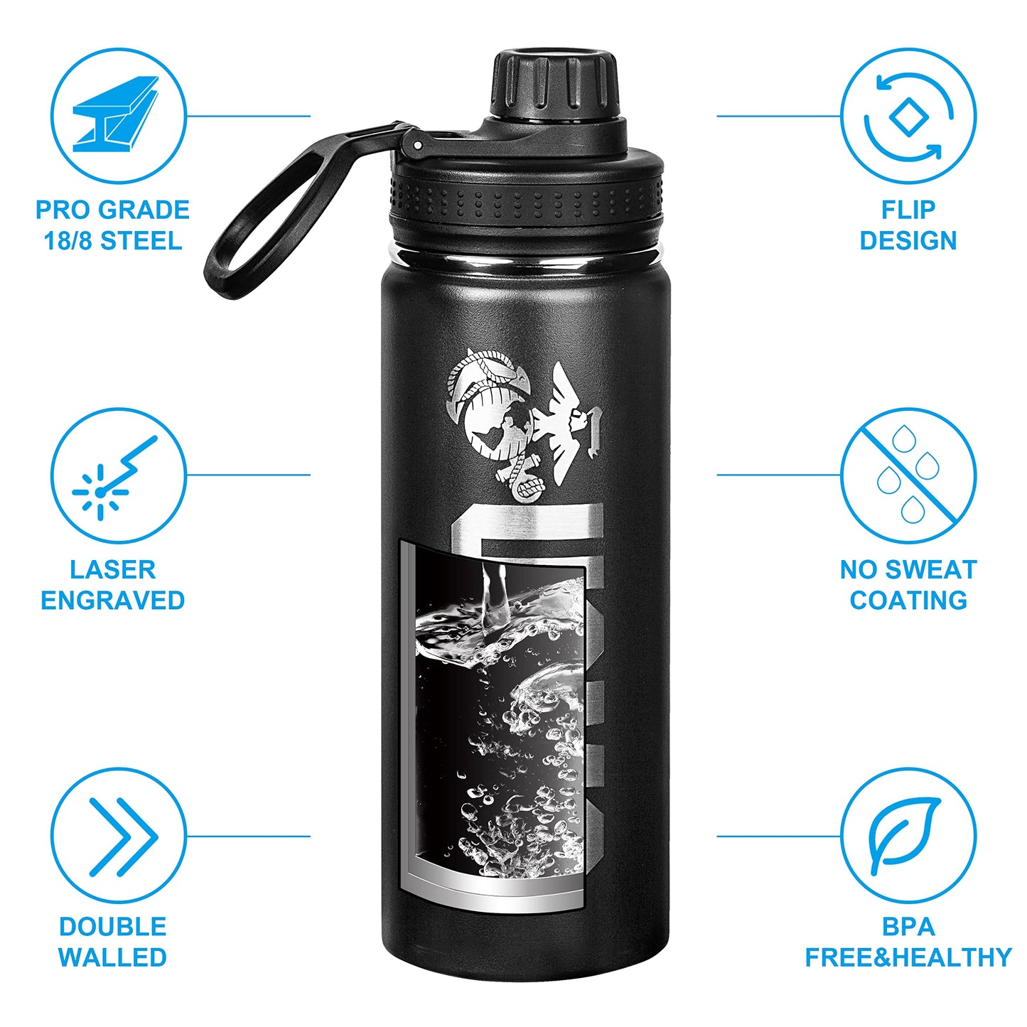 USMC 20oz Water Bottle | Marine Corps Double Wall Vacuum Insulated Stainless Steel | Disabled Vet Owned Business | USMC 20oz Water Bottle
