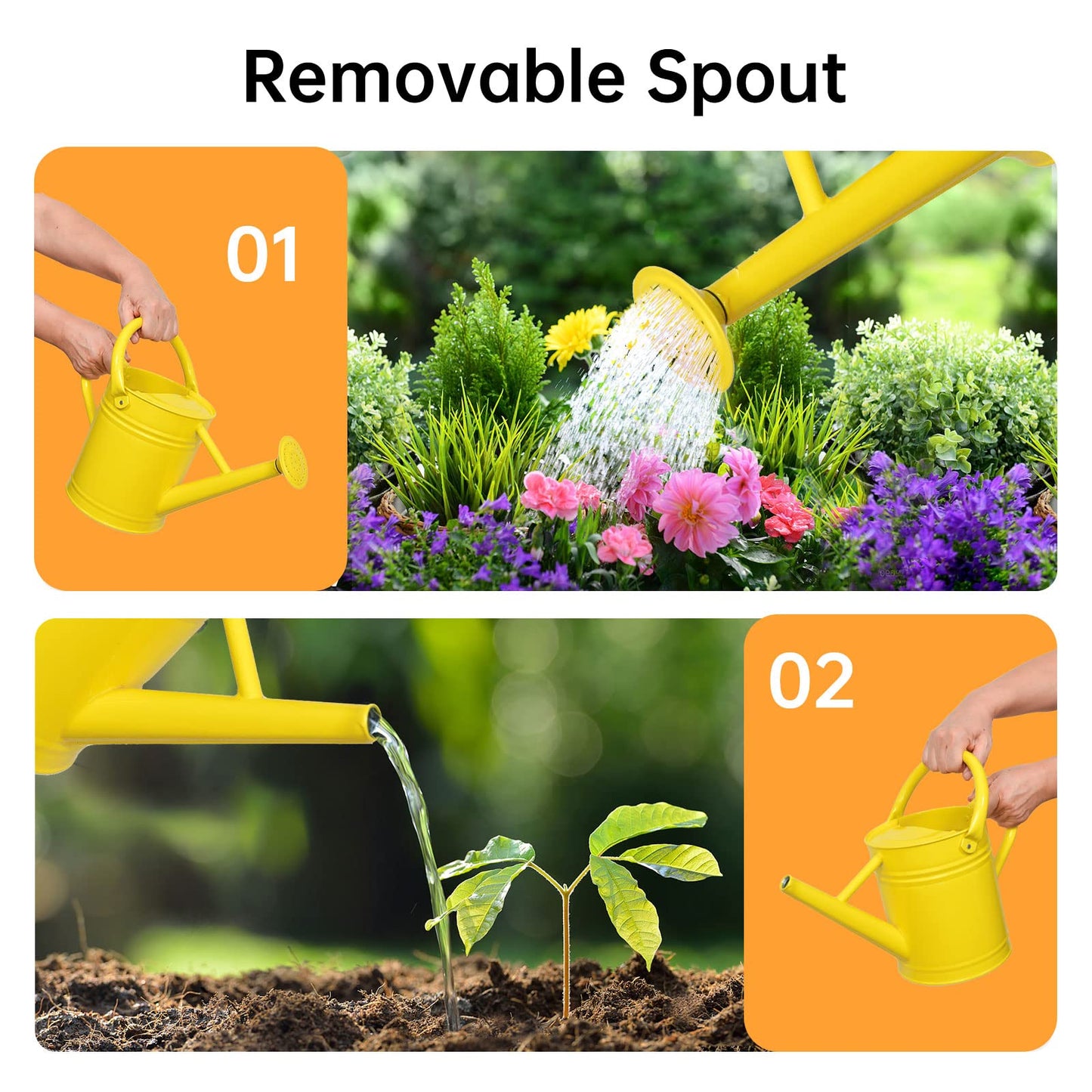 Lechloris Metal Watering Can for Outdoor Plants, Galvanized Steel Watering Can with Removable spout, 1 Gallon,Perfect Home & Garden Décor Yellow