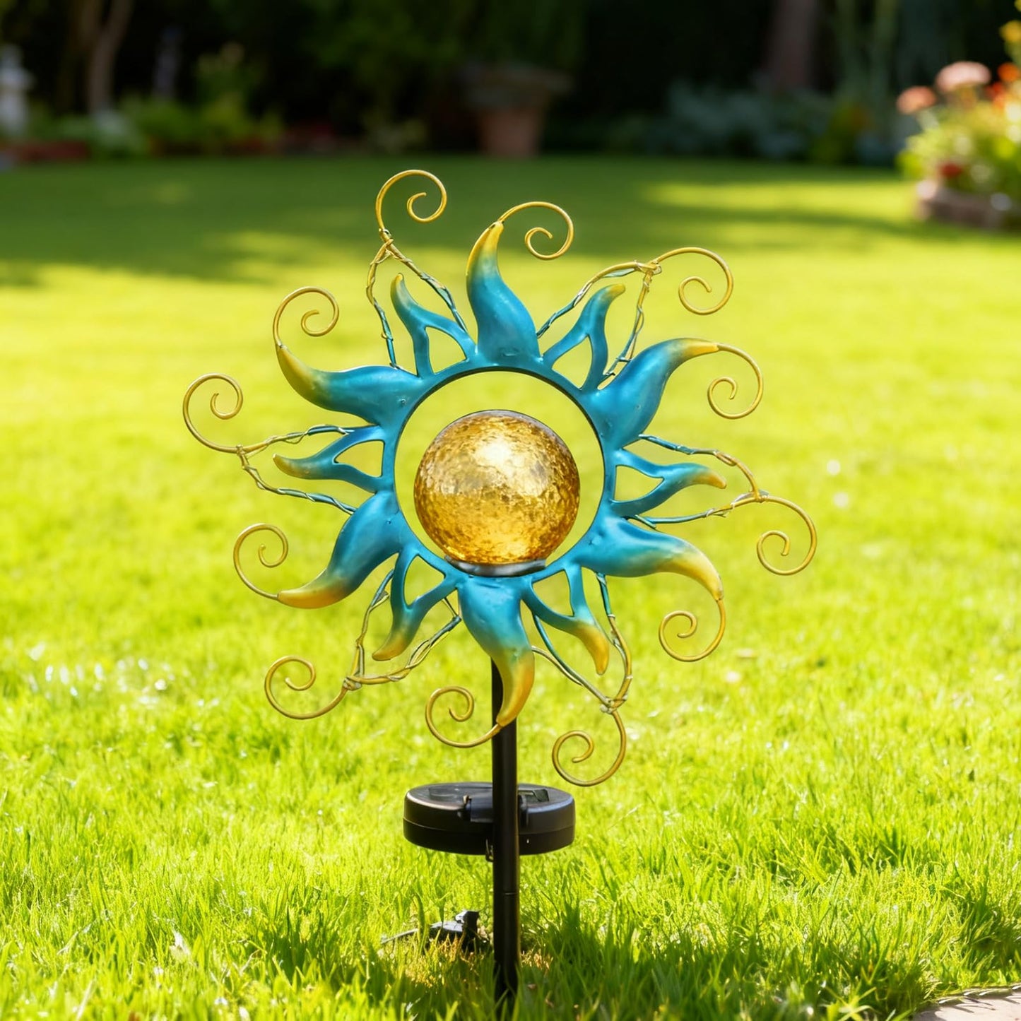 Kacux Solar Lights Outdoor Garden Decor, Blue Metal Sun Crackle Glass Globe Stake Waterproof 30LED Decorations Unique Gifts for Women,Mom,Outside, Patio,Lawn,Yard,Pathway