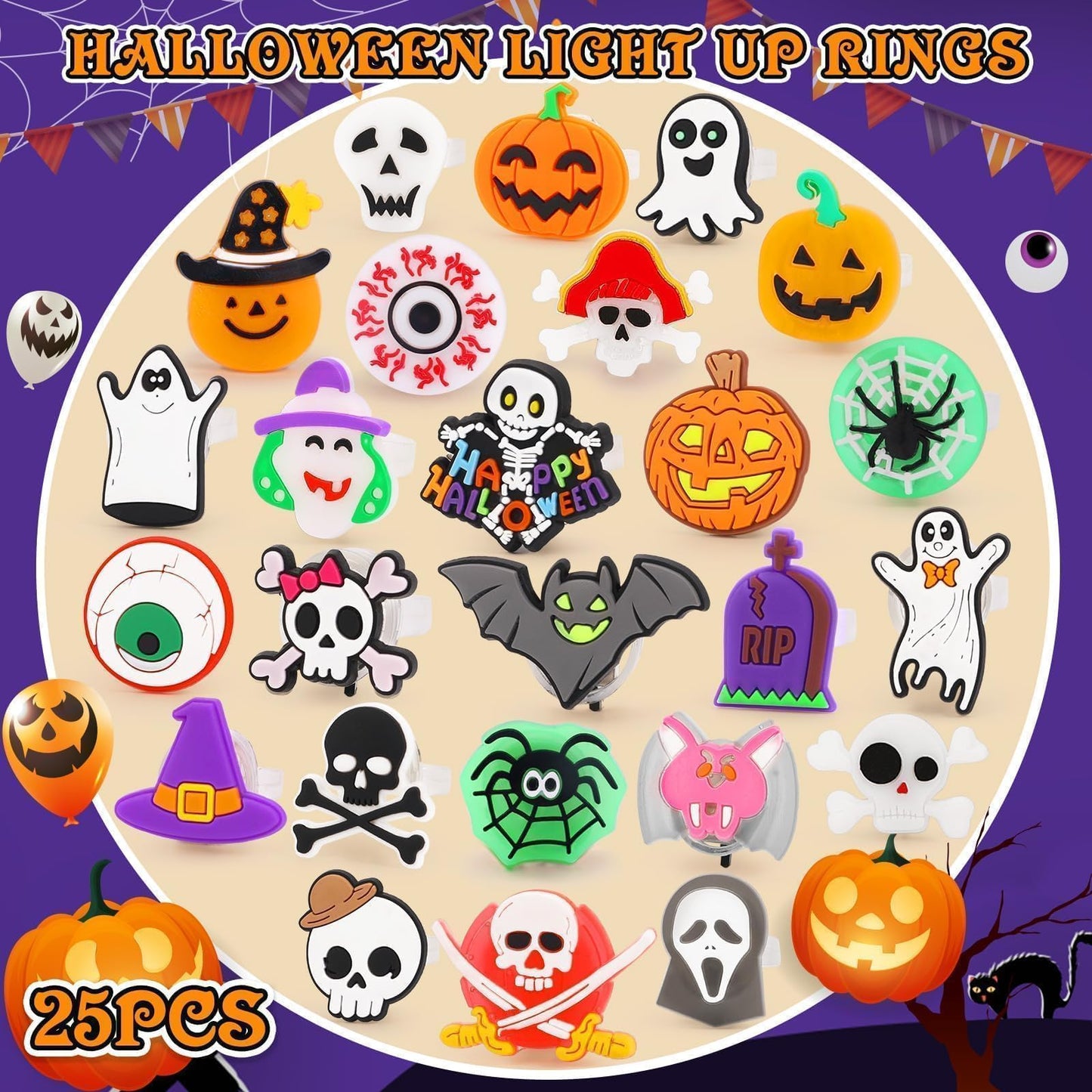 Coluans Halloween Treats 25Pcs Halloween Party Favors for Kids Adults LED Ring Halloween Accessories Light Up Rings Halloween Toys Flash Rings Non Candy Gift Bag Fillers New Version