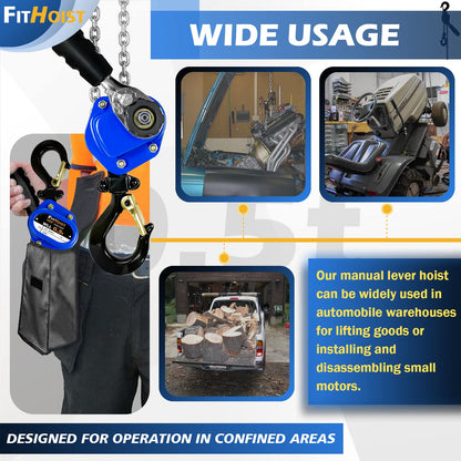 FITHOIST Mini Chain Hoist 1/2 Ton 1100Lbs Capacity 10Ft Lift Manual Lever Chain Hoist Alloy Steel G80 Chain 2 Heavy Duty Hooks, for Garages Warehouse Automotive Machinery