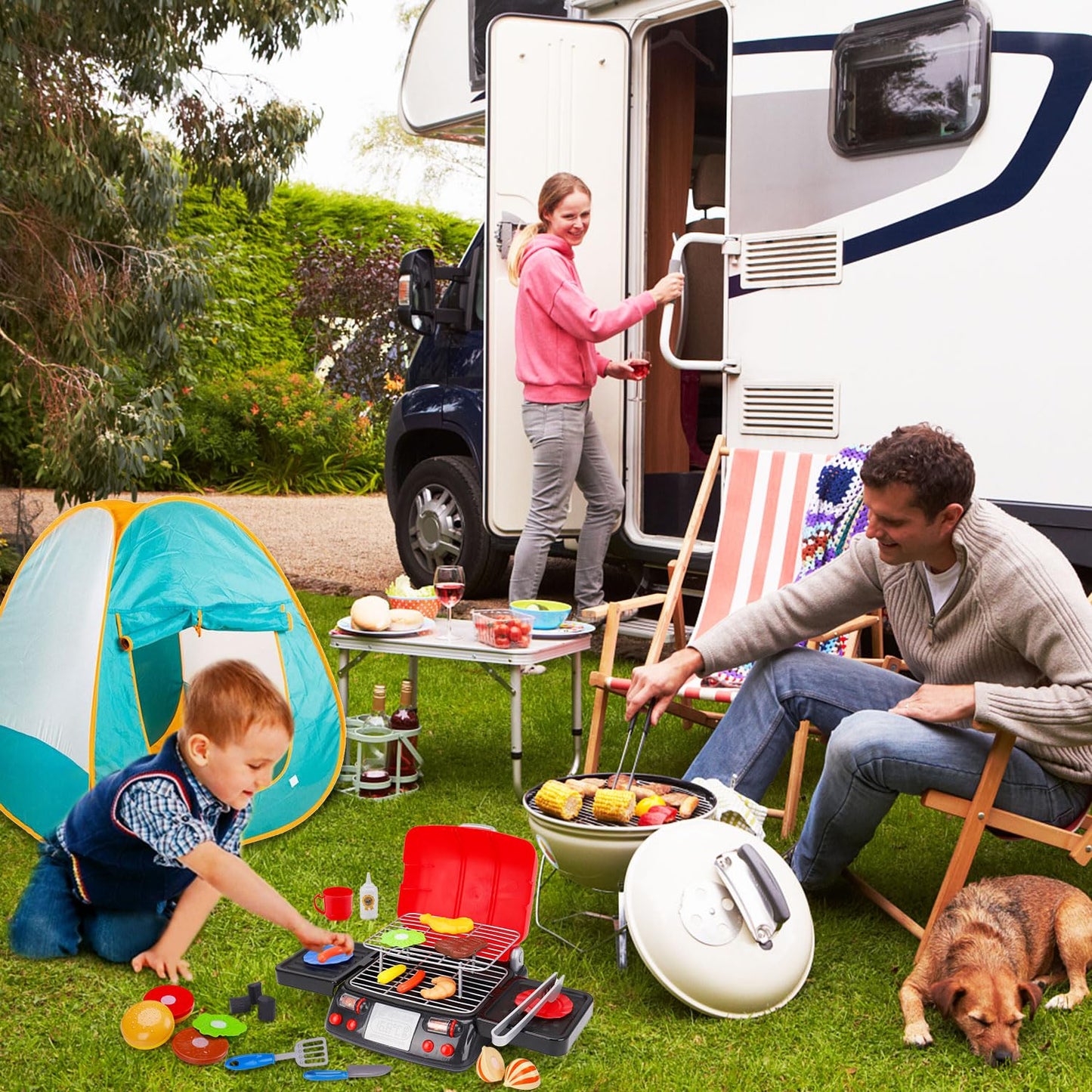 Kids Grill Playset Kitchen Toys with Apron Hat for Cooking Food Smoke Light Outdoor Pretend Play Accessories BBQ Outside Camping Barbecue Toddler Boy Toy 2 3 4 5 Year Old 4-8 Birthday Gift Valentine