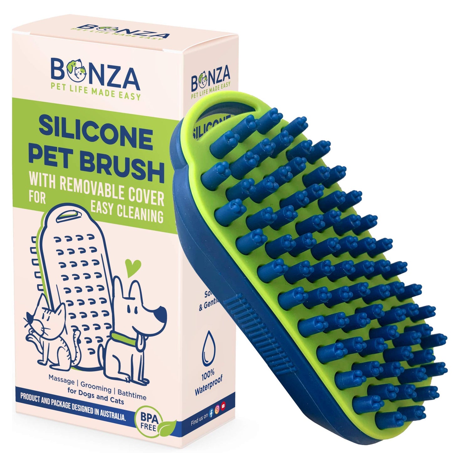 Bonza Dog Brush for Short-Haired Dogs & Cats - Navy Blue Silicone Grooming Massage Brush - Removable Hair Screen - Dog Shower & Bath Scrubber for Shedding - Silicone Cat Grooming Scrubber