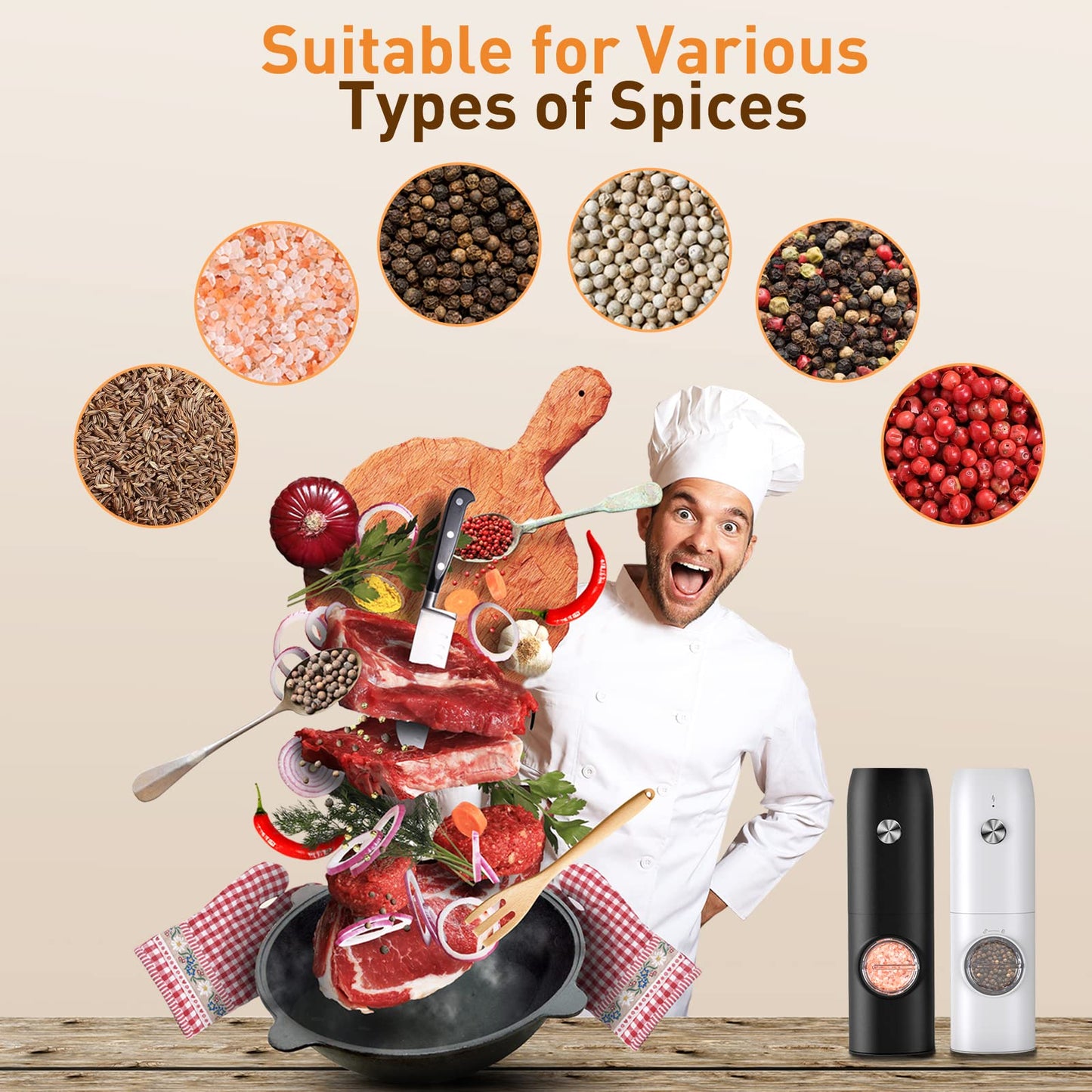 Electric Salt and Pepper Grinder Set, Rechargeable Automatic Pepper Mill Grinder with LED Light, Adjustable Coarseness shakers, One-Hand Operation for Kitchen(2 Pack,Black+White)