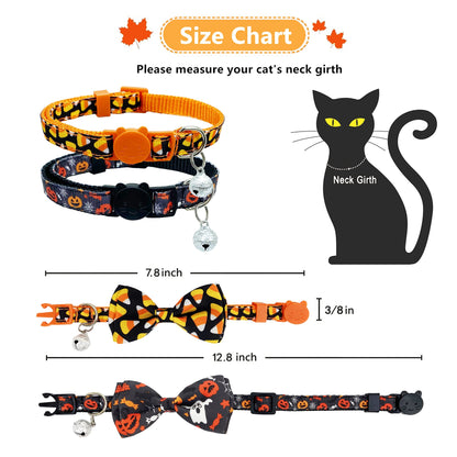 2 Pack Halloween Cat Collar with Bell, Holiday Jack-O-Lantern and Candycorn Collar for Kitty Kitten Male Female Cats (Jack-O-Lantern/Candycorn)