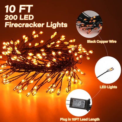 Halloween Fairy Lights Plug in, 10Feet 200 LEDs Firecracker String Lights with Remote, Cluster String Lights for Ceiling Bedroom Wreath Garland Window Bar Haunted Theme Halloween Decoration, Orange