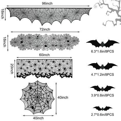 5Pack Halloween Decorations Indoor Halloween Spider Web Tablecloth Table Runners Fireplace Mantel Scarf Cobweb Lampshade Scary 3D Bats for Halloween Spooky Home Decor