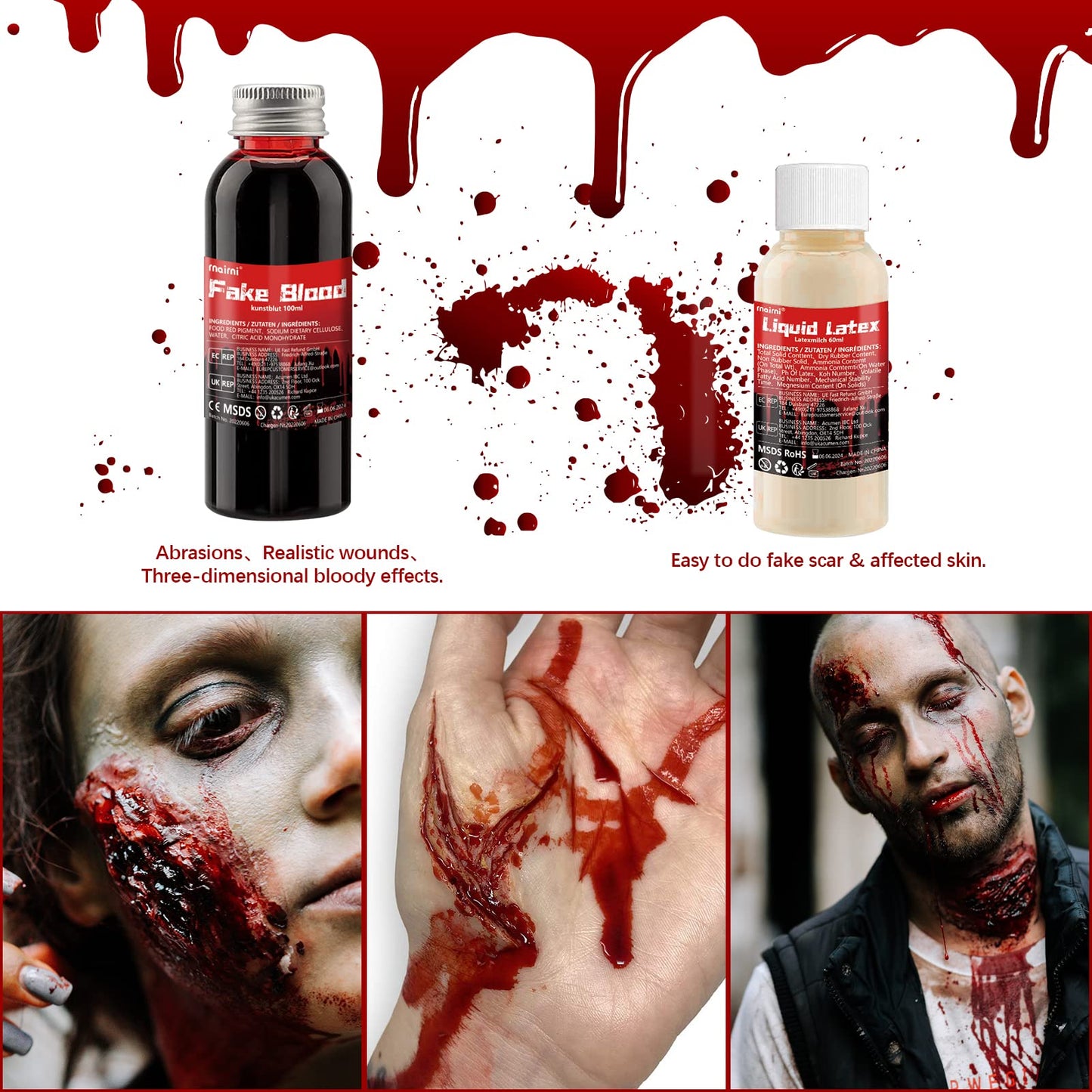 Halloween SFX Makeup Kit Fake Blood(100ML) + Liquid Latex(60ML) + Spatula Tool + 2Pcs Stipple Sponge For Scary Halloween Special Effects Cosplay Costumes Decorations
