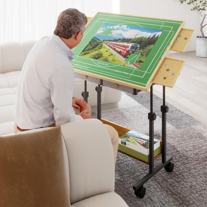 CODACE 1500 Piece Jigsaw Puzzle Table with Legs, Adjustable 5-Tilting-Angle Puzzle Board with 6 Drawers & Cover, 35"x 26" Wooden Board with 4 Wheels for Adults