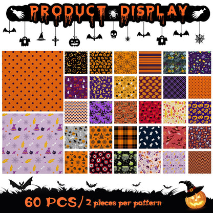 60 Pcs 10 x 10 Inch Halloween Fabric Polyester Fabric Bundle Fat Quarters Bat Pumpkin Ghost Skull Print Squares Holiday Quilting for DIY Decorations Sewing Craft, 30 Styles (Pumpkin)