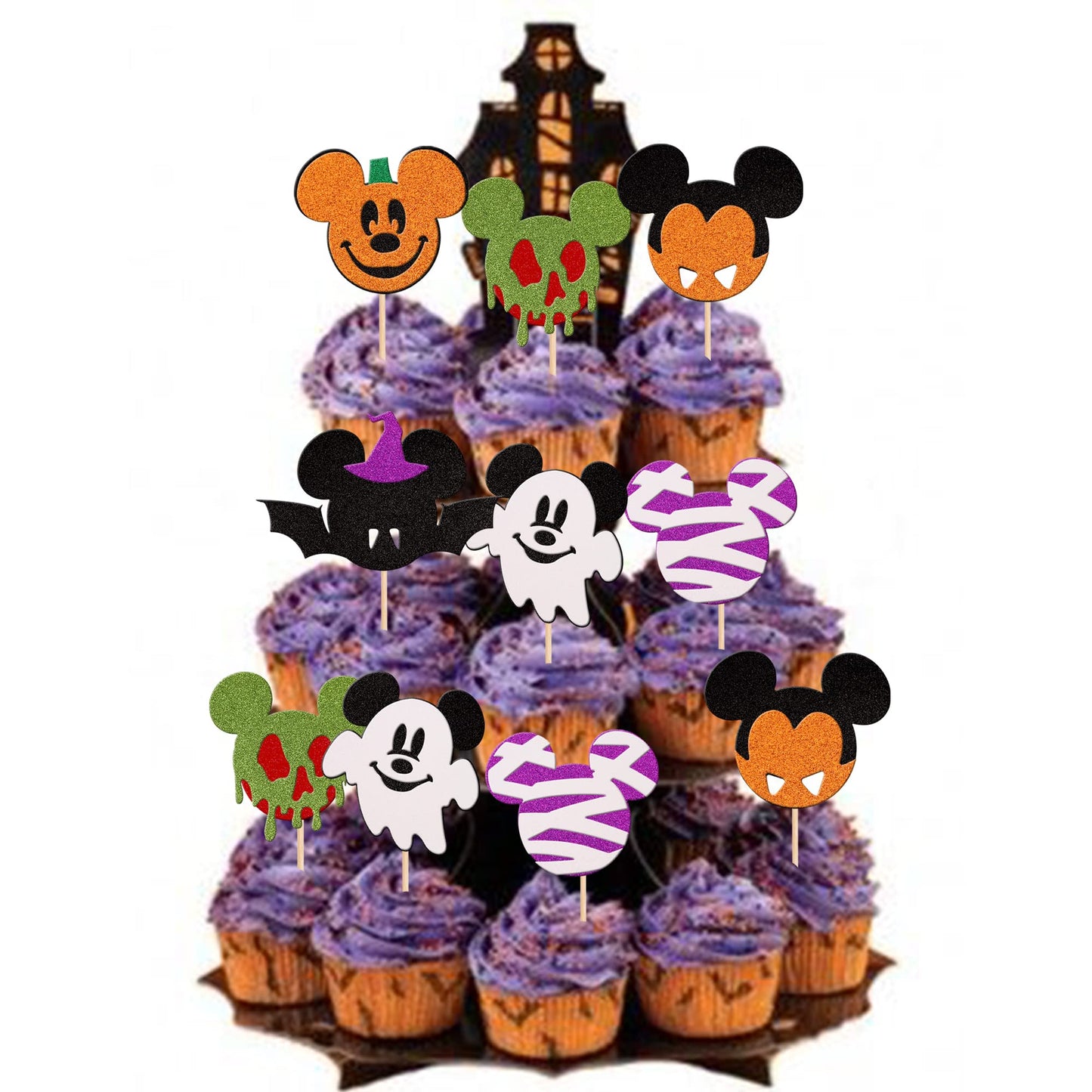 36 PCS Mini Mouse Inspired Halloween Cupcake Toppers Glitter Witch Hat Bat Zombie Mummy Ghost Spooky Cupcake Picks for Halloween Mini Theme Baby Shower Birthday Party Cake Decorations Supplies