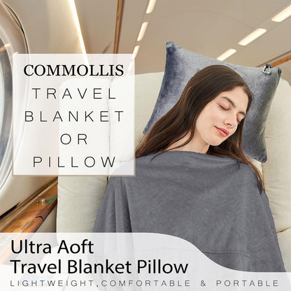 Commollis 2-in-1 Travel Blanket & Pillow for Airplane, Car, Train - Warm Compact Flight Blanket with Luggage Strap & Backpack Clip, Machine Washable, All-Season Use