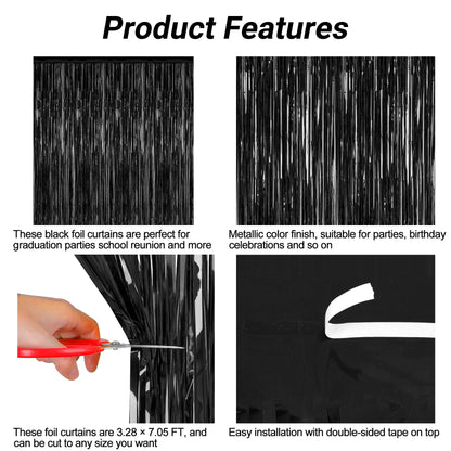 2 Pack 2025 Graduation Party Decorations, 3.28 FT x 7.05 FT Black Backdrop, Metallic Graduation Photo Backdrop Fringe Curtains Tinsel Backdrop Foil Streamer, Grad Party Supplies Photo Booth Props