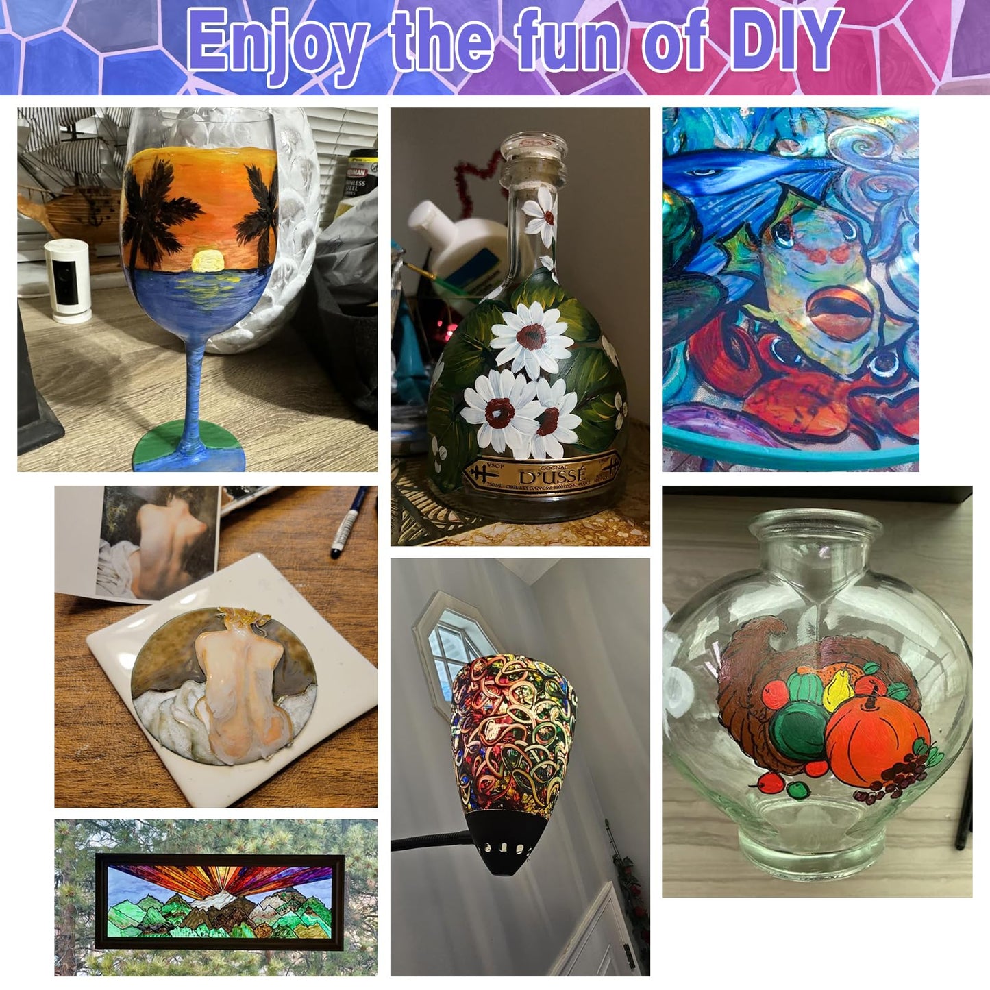 Colorful Stain Glass Paint Set with 6 Brushes, 1 Palette, 24 Color Waterproof Acrylic Enamel Painting Kit for Kids to Arts on Transparent Wine Glasses, Light Bulbs, Windows and Ceramics