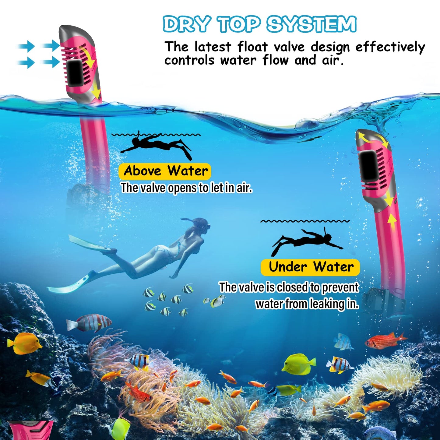 Greatever Dry Snorkel Set,Panoramic Wide View,Anti-Fog Scuba Diving Mask,Professional Snorkeling Gear for Adults
