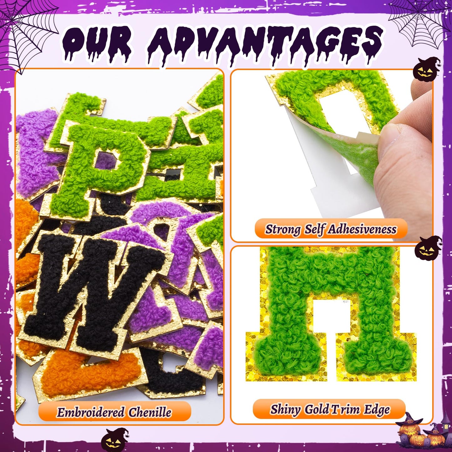 52 Pcs Halloween Patches Chenille Letter Patches Self Adhesive for Clothing,A-Z Varsity Letter Stickers Embroidered Sew on Repair Patches for Jackets Hats Backpacks