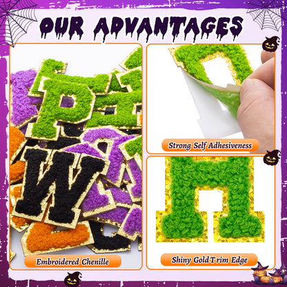 52 Pcs Halloween Patches Chenille Letter Patches Self Adhesive for Clothing,A-Z Varsity Letter Stickers Embroidered Sew on Repair Patches for Jackets Hats Backpacks