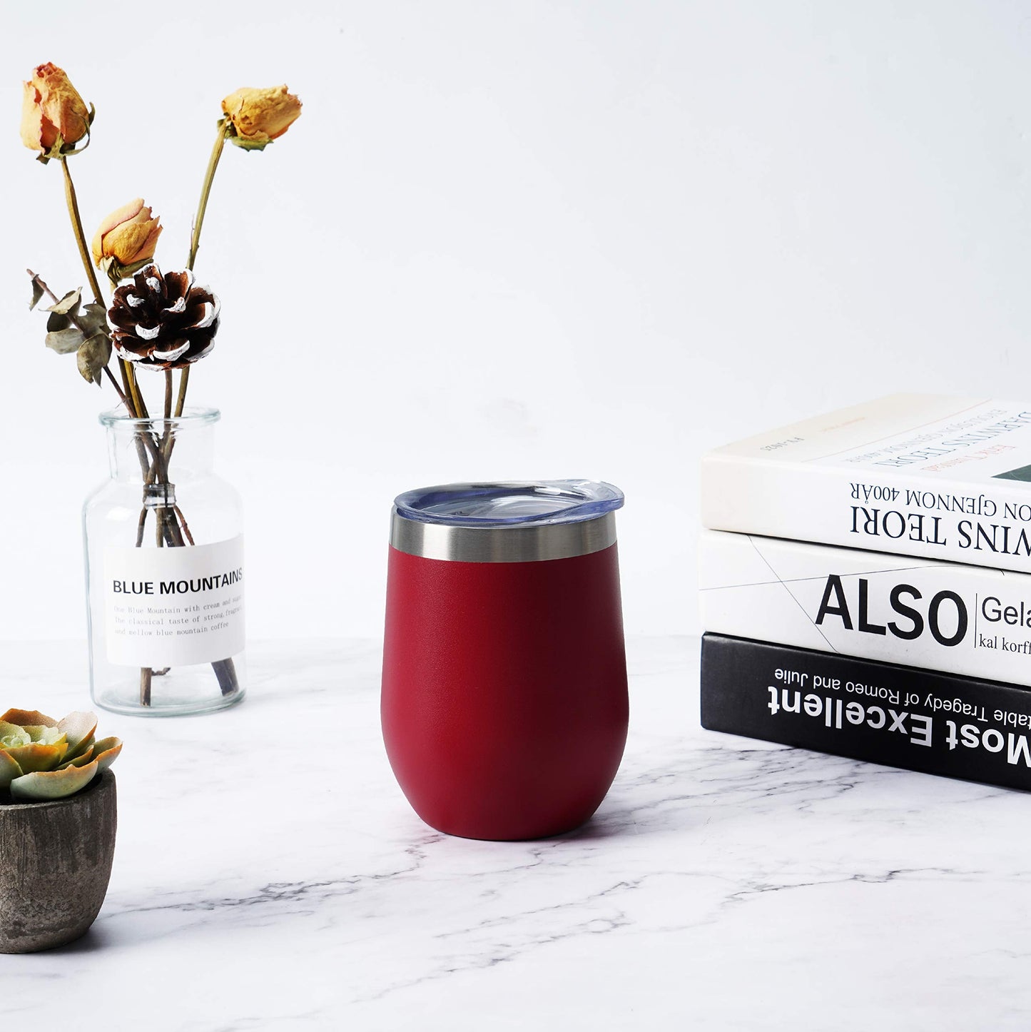 6 Pack Stainless Steel Wine Tumblers, 12Oz Insulated Wine Tumbler, Double Wall Insulated Wine Glass, Stainless Steel Stemless Wine Cups with Lids for Coffee, Wine, Cocktails, Champaign, Wine Red