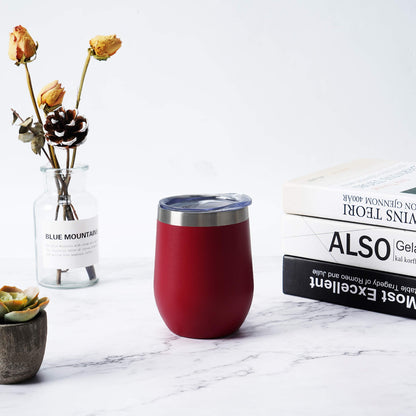 6 Pack Stainless Steel Wine Tumblers, 12Oz Insulated Wine Tumbler, Double Wall Insulated Wine Glass, Stainless Steel Stemless Wine Cups with Lids for Coffee, Wine, Cocktails, Champaign, Wine Red