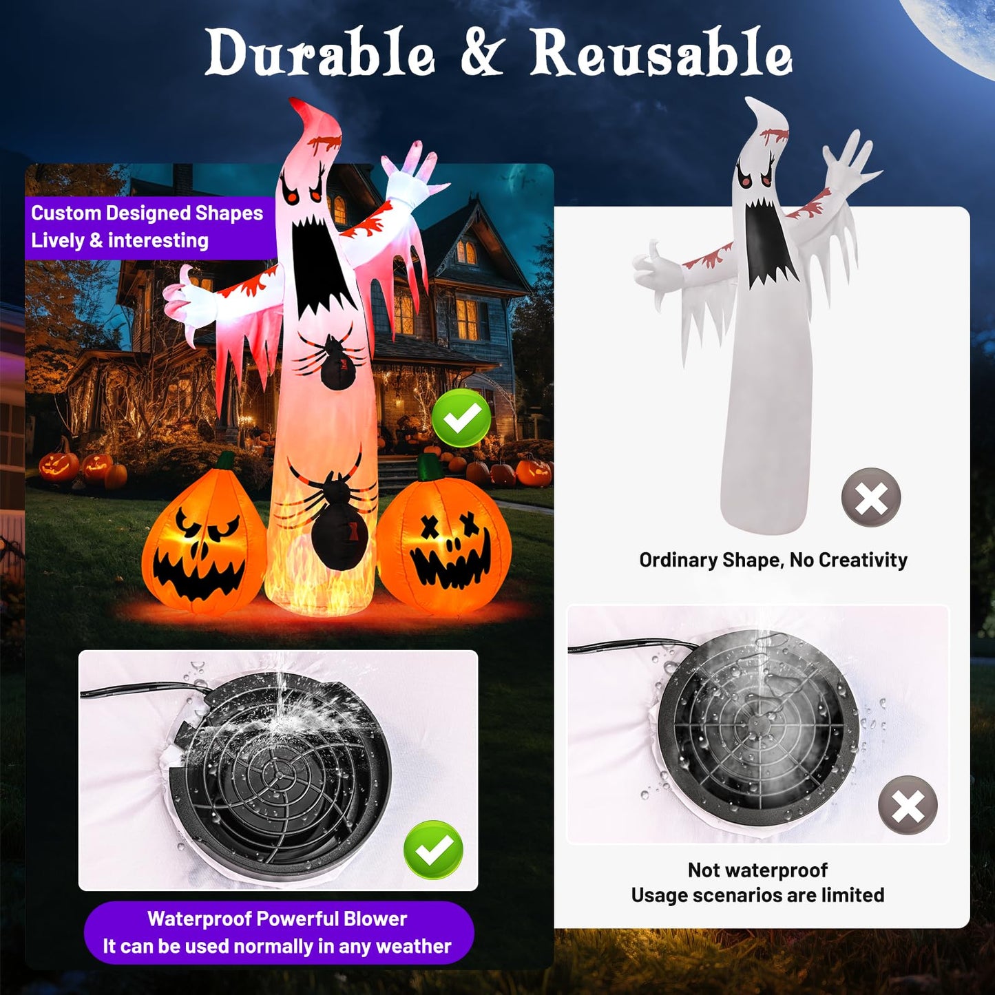 Kesfitt 8FT Halloween Inflatables Decorations Outdoor Ghost Built-in 2 Flame Flashing Projection Light,Blow Up Yard Inflatables with Pumpkin Spider for Outside Halloween Patio Party Garden Decorations