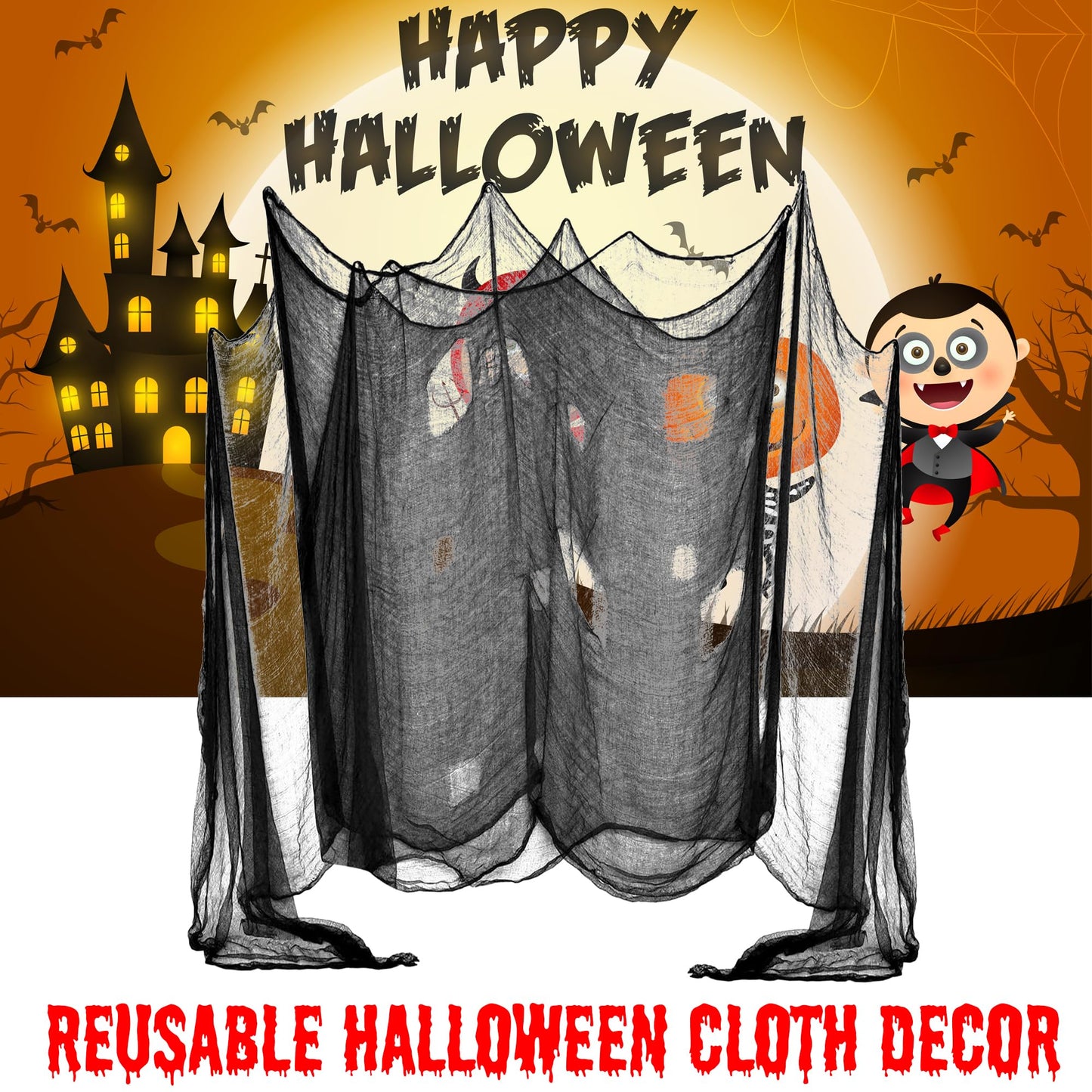 (48 x 240 in.) Halloween Creepy Cloth, DealKits Spooky Giant Cheese Cloth Tapestry for Halloween Party Supplies Decorations Outdoor Yard Home Wall Decor, Black