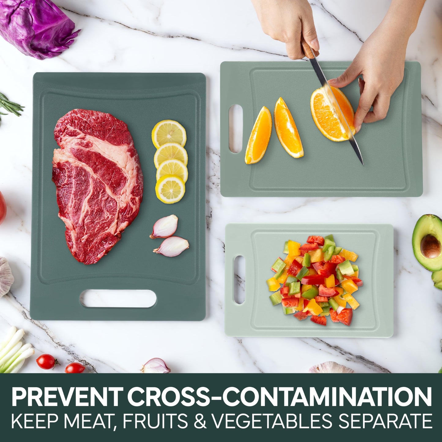 COOK WITH COLOR Non-Slip Cutting Board Set – Kitchen Essentials with Easy Grip Handle for Meat, Veggies, and Fruits, 3 Cutting Boards, Mint