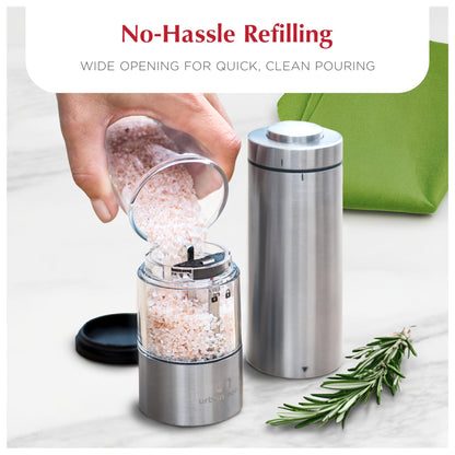 Electric Salt and Pepper Grinder Set - Battery Operated Stainless Steel Mill with Light (2 Mills) - Automatic One Handed Operation - Electronic Adjustable Shakers - Ceramic Grinders