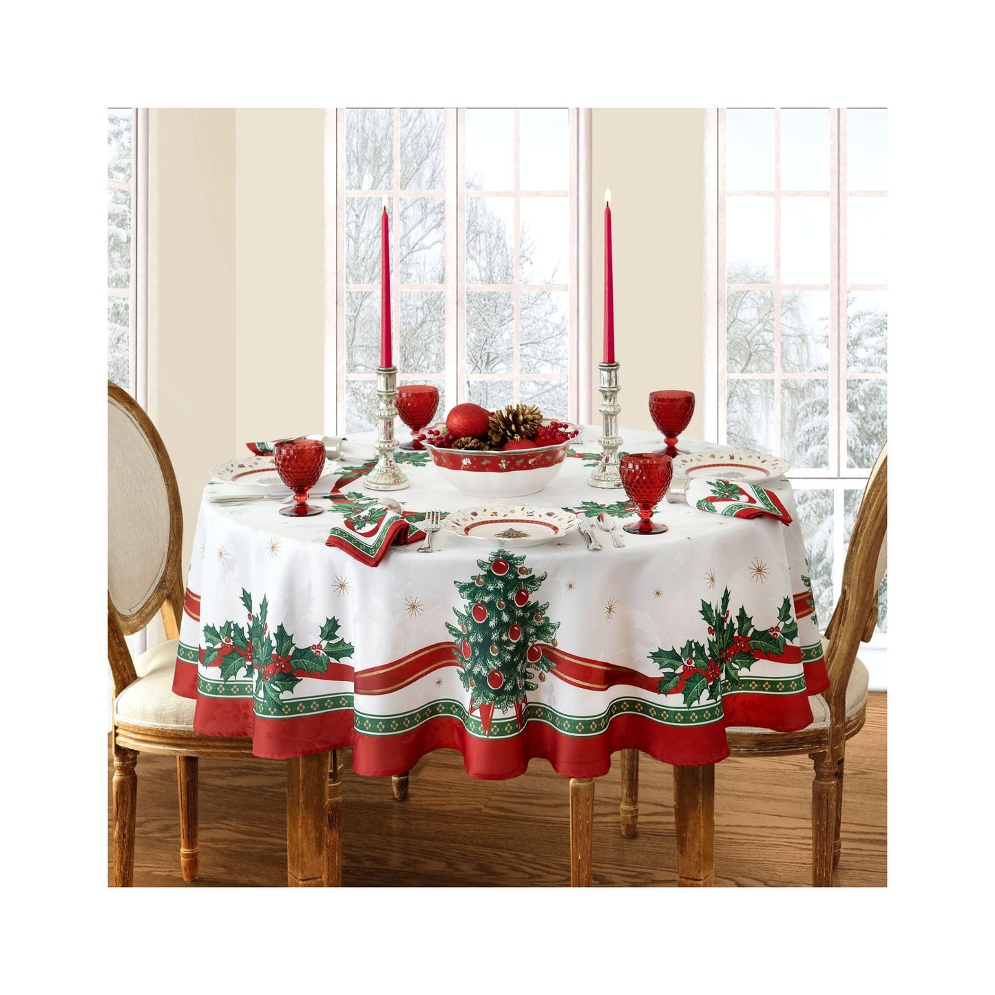 Elrene Home Fashions Villeroy & Boch Toy's Delight Christmas Fabric Tablecloth, Holiday Table Decor, 70" Round