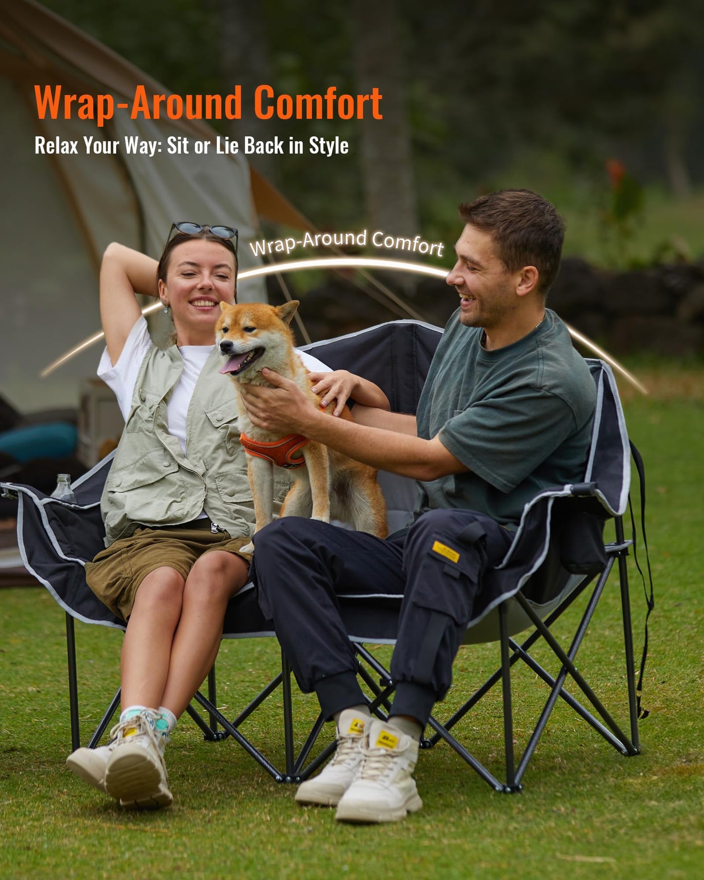 KingCamp Double Camping Chair, Oversized 660lbs Heavy Duty Loveseat for Adults Portable Folding XL 2 Person Couch Padded Comfortable Two Seat with Cup Holder for Outdoor Lawn Backyard, Black/Grey