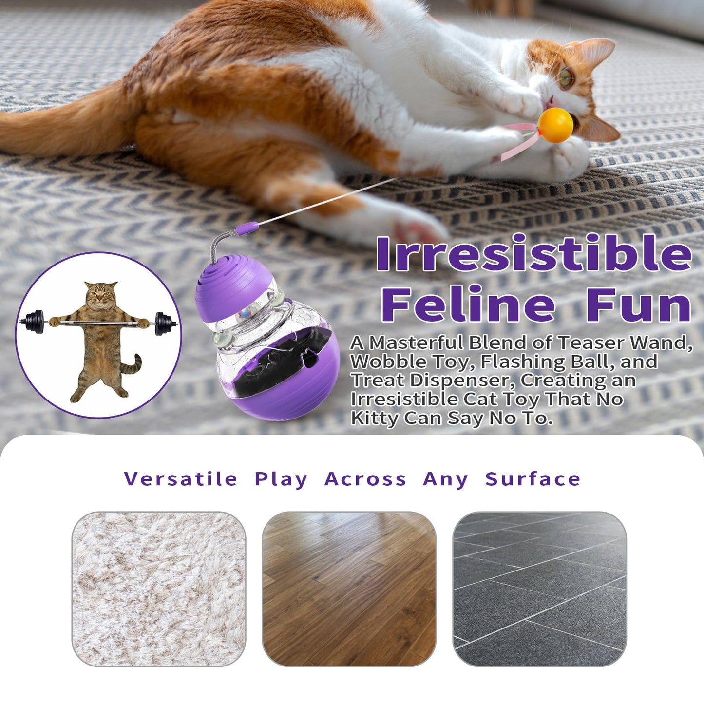 KONOATOR Interactive Cat Toy – Engaging Tumbler Design with Teaser Wand & Treat Dispenser – Durable, Non-Toxic, and Safe for Indoor Play – Ideal for Exercise and Boredom Relief (Purple)