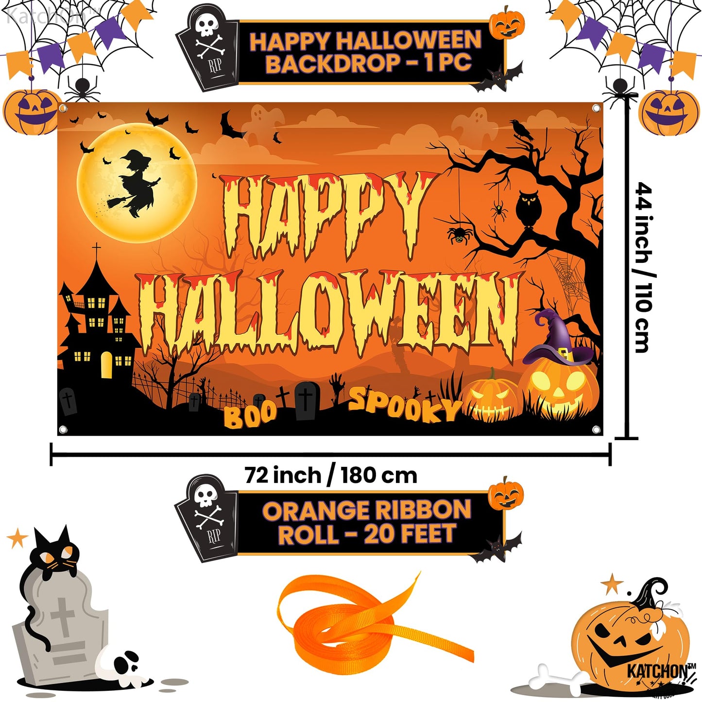 KatchOn Spooky Happy Halloween Banner - XtraLarge, 72x44 Inch | Orange Halloween Photo Backdrop for Decorations & Photography