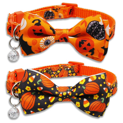 2 Pack Halloween Cat Collar with Bow Tie and Bell, Holiday Pumpkin Candy Corn Collar for Kitty Kitten Girls and Boys Cats