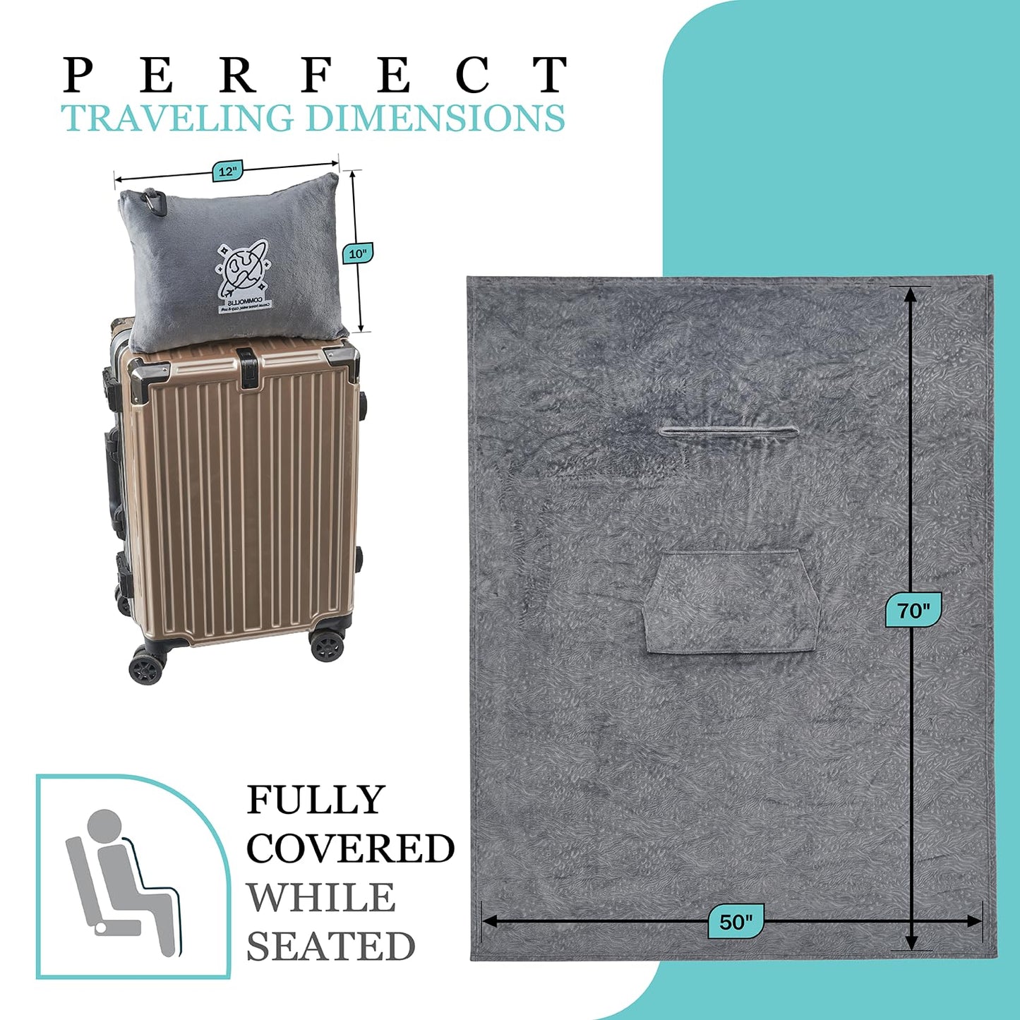 Commollis 2-in-1 Travel Blanket & Pillow for Airplane, Car, Train - Warm Compact Flight Blanket with Luggage Strap & Backpack Clip, Machine Washable, All-Season Use